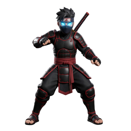 “anime ninja warrior, black and red outfit, glowing blue eyes, katana on the back, detailed armor, shinobi style, dynamic pose, cinematic lighting, ultra detailed, game ready character, stylized 3d model, high quality textures, fantasy ninja, naruto inspi