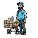 argentine "ciruja" street worker, middle-aged man in his 40s, friendly face with warm smile, slight stubble beard, wearing faded blue work shirt, dark worn jeans, old sneakers, baseball cap or wool beanie, pushing homemade metal shopping cart loaded with 