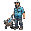 argentine "ciruja" street worker, middle-aged man in his 40s, friendly face with warm smile, slight stubble beard, wearing faded blue work shirt, dark worn jeans, old sneakers, baseball cap or wool beanie, pushing homemade metal shopping cart loaded with 