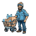 argentine "ciruja" street worker, middle-aged man in his 40s, friendly face with warm smile, slight stubble beard, wearing faded blue work shirt, dark worn jeans, old sneakers, baseball cap or wool beanie, pushing homemade metal shopping cart loaded with 