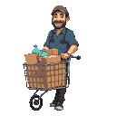 argentine "ciruja" street worker, middle-aged man in his 40s, friendly face with warm smile, slight stubble beard, wearing faded blue work shirt, dark worn jeans, old sneakers, baseball cap or wool beanie, pushing homemade metal shopping cart loaded with 