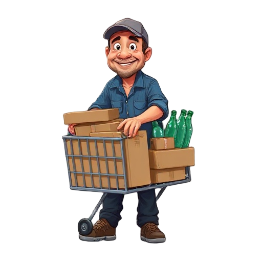 argentine "ciruja" street worker, middle-aged man in his 40s, friendly face with warm smile, slight stubble beard, wearing faded blue work shirt, dark worn jeans, old sneakers, baseball cap or wool beanie, pushing homemade metal shopping cart loaded with 