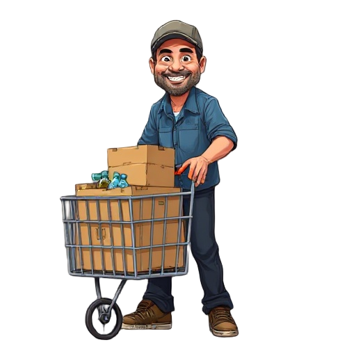 argentine "ciruja" street worker, middle-aged man in his 40s, friendly face with warm smile, slight stubble beard, wearing faded blue work shirt, dark worn jeans, old sneakers, baseball cap or wool beanie, pushing homemade metal shopping cart loaded with 