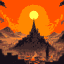 a citadel with an artifical sun on top, towering over a ruined metropolis. in dramatic view
