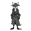 create a mysterious detective from another world, with a black and grey and white color scheme. he must still be anthropomorphic but with his head under a shadow. he should also still be wearing a trenchcoat.