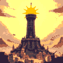 a citadel with an artifical sun on top, towering over a ruined metropolis.