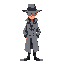 create a mysterious detective from another world, with a black and grey and white color scheme. he must still be human but with his head under a shadow. he should also still be wearing a trenchcoat.
