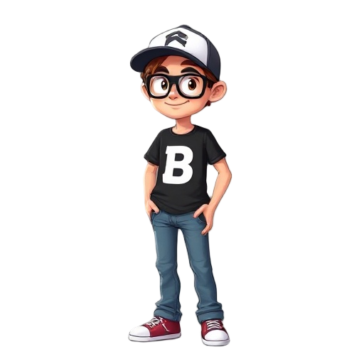 2d nerd charackter wih jeans and black t-shirt and cap, both with b while letter