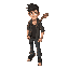 create a stylized humanoid character for a game asset, featuring a confident, rebellious vibe. the character carries a classic electric guitar strapped across the back, prominently visible and detailed, with a worn but cool look (think vintage stratocaste