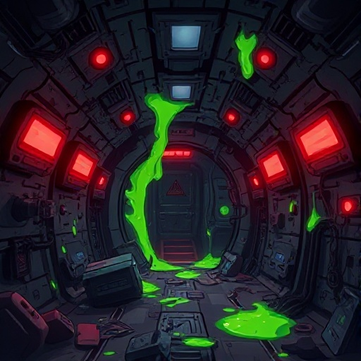 interior of a broken spaceship, dark with flickering red lights. walls are damaged, wires exposed, and green glowing slime oozes from vents and walls. abandoned, eerie sci-fi atmosphere, perfect for a mystery or horror game background