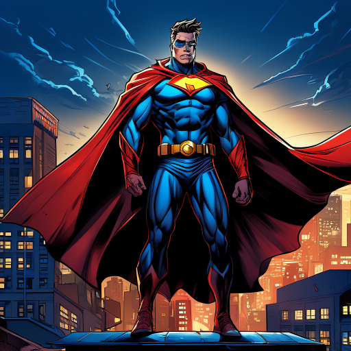 a powerful superhero in dc comics style, wearing a bold costume with a cape, strong jawline, muscular build, dramatic lighting, standing heroically on a rooftop at night. comic book art style, high detail, dynamic pose, intense atmosphere