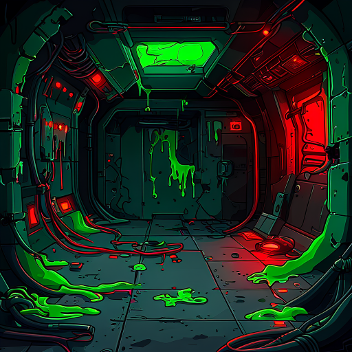 interior of a broken spaceship, dark with flickering red lights. walls are damaged, wires exposed, and green glowing slime oozes from vents and walls. abandoned, eerie sci-fi atmosphere, perfect for a mystery or horror game background