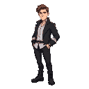 adult man, mid brown hair, white shirt, black jaquet, black pants and black combat boots