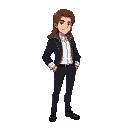 man, long brown hair, white shirt, black jaquet, black pants and black shoes
