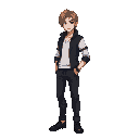 young man, long hair, white shirt, black jaquet, black pants and black shoes