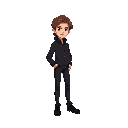 young man, long brown hair, black jaquet, black pants and black shoes