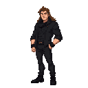 strong man, long brown hair, black jaquet, black pants and black shoes