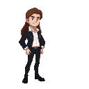 gotic man, long brown hair, white shirt, black jaquet, black pants and black shoes