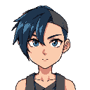 punk bluish black hair right hair part covering right eye, wearing grey singlet