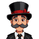 mayor wearing black top hat with red ribbon, grey sideburns horseshoe moustache