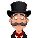 mayor wearing black top hat with red bottom, grey sideburns horseshoe moustache