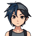 punk bluish black hair right hair part covering right eye, wearing grey singlet