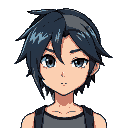 punk bluish black hair with right hair part covering eye, wearing grey singlet