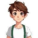 young man chestnut dark hair with right part, wearing white tee with green suspenders