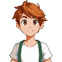 young man chestnut hair with right part, wearing white tee with green suspenders