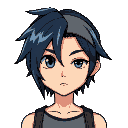 punk bluish black hair with right part covering eye, wearing grey singlet