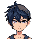 punk bluish black hair right hair part covering right eye, wearing grey singlet