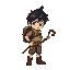 young black-haired adventurer with a backpack on his back and a cane as a weapon