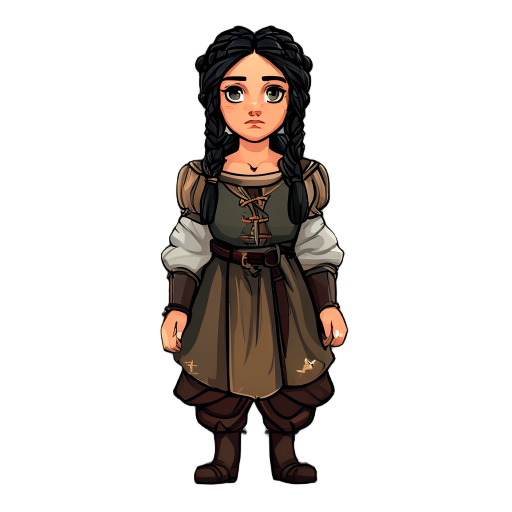 ixel art of a medieval peasant woman with black braided hair