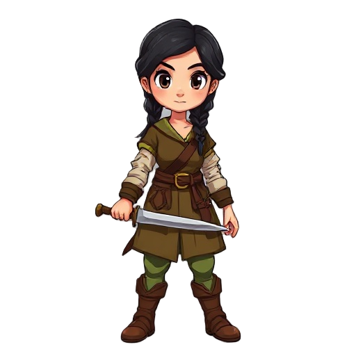 create a medieval character wearing simple peasant clothing in shades of brown and green. she has black hair tied in a braid and holds a sword with a simple hilt. her expression is determined, ready to face challenges in a rustic environment.