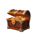 wooden treasure chest with metal accents, slightly open, revealing glowing gold and jewels inside. the chest has a classic, vintage look with intricate carvings on the surface