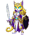 legendary feline warrior goddess, anthropomorphic cat with golden fur and glowing blue eyes. she wears ornate white and gold armor with purple accents, holding a shining sword of light and a black shield with silver trim