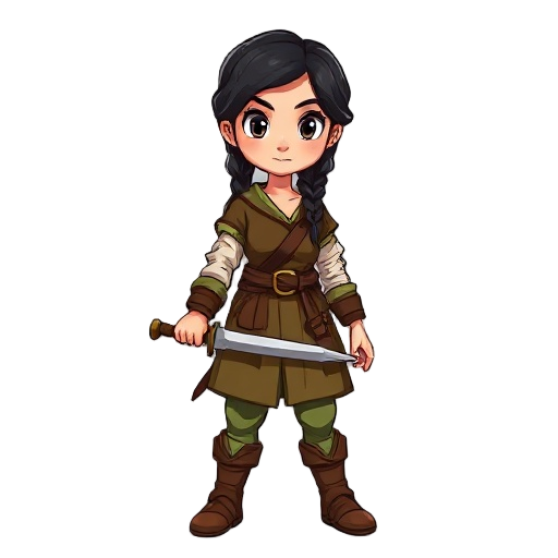 create a medieval character wearing simple peasant clothing in shades of brown and green. she has black hair tied in a braid and holds a sword with a simple hilt. her expression is determined, ready to face challenges in a rustic environment.