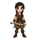 create a medieval character wearing simple peasant clothing in shades of brown and green. she has black hair tied in a braid and holds a sword with a simple hilt. her expression is determined, ready to face challenges in a rustic environment.