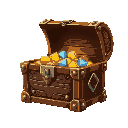 wooden treasure chest with metal accents, slightly open, revealing glowing gold and jewels inside. the chest has a classic, vintage look with intricate carvings on the surface