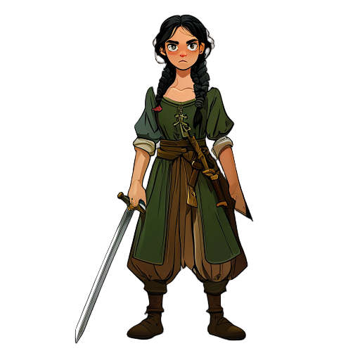 "create a medieval character wearing simple peasant clothing in shades of brown and green. she has black hair tied in a braid and holds a sword with a simple hilt. her expression is determined, ready to face challenges in a rustic environment."