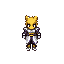 legendary feline warrior goddess, anthropomorphic cat with golden fur and glowing blue eyes. she wears ornate white and gold armor with purple accents, holding a shining sword of light and a black shield with silver trim