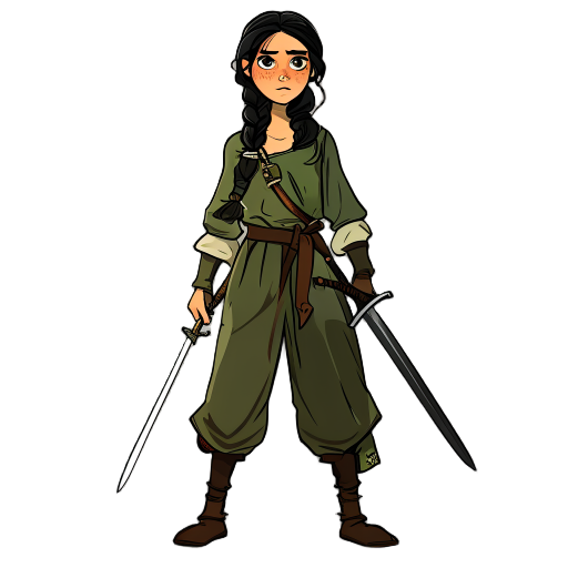 "create a medieval character wearing simple peasant clothing in shades of brown and green. she has black hair tied in a braid and holds a sword with a simple hilt. her expression is determined, ready to face challenges in a rustic environment."