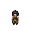 create a medieval character wearing simple peasant clothing in shades of brown and green. she has black hair tied in a braid and holds a sword with a simple hilt. her expression is determined, ready to face challenges in a rustic environment.