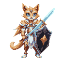 legendary feline warrior goddess, anthropomorphic cat with golden fur and glowing blue eyes. she wears ornate white and gold armor with purple accents, holding a shining sword of light and a black shield with silver trim