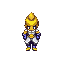 legendary feline warrior goddess, anthropomorphic cat with golden fur and glowing blue eyes. she wears ornate white and gold armor with purple accents, holding a shining sword of light and a black shield with silver trim