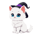 a fluffy white kitten with bright blue eyes, sitting gracefully and wearing a small witch hat. the hat is black with a purple ribbon and a golden star on the front. the kitten has a soft, rounded face