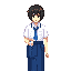 human adolescent, common japanese school uniform, blue trousers and white shirt, black hair and holding a book on his left hand