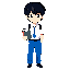 human adolescent, common japanese school uniform, blue trousers and white shirt, black hair and holding a book on his left hand
