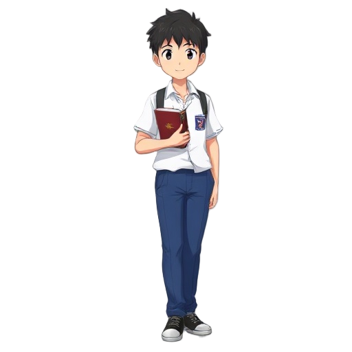 human adolescent, common japanese school uniform, blue trousers and white shirt, black hair and holding a book on his left hand