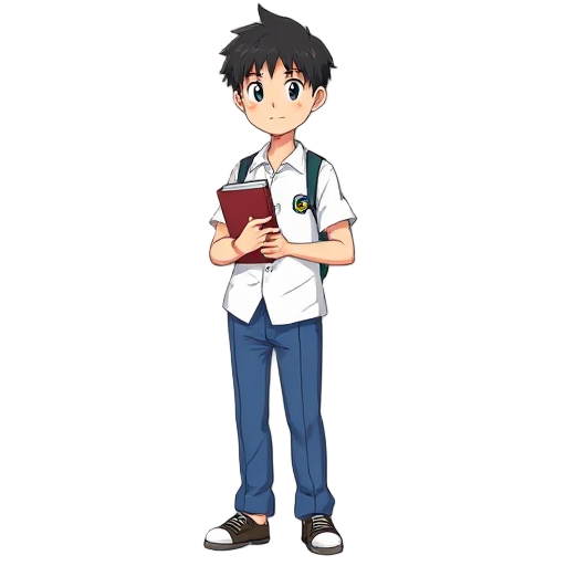 human adolescent, common japanese school uniform, blue trousers and white shirt, black hair and holding a book on his left hand